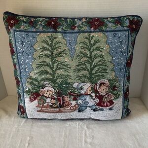 Festive Holiday Tapestry Pillow with Children and Trees